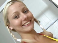 18yo schoolgirl Pinky June takes shower and masturbaes