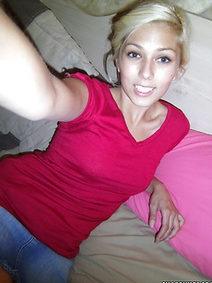 Cute blonde takes selfshot pictures of her perky tits and tight pussy for her boyfriend